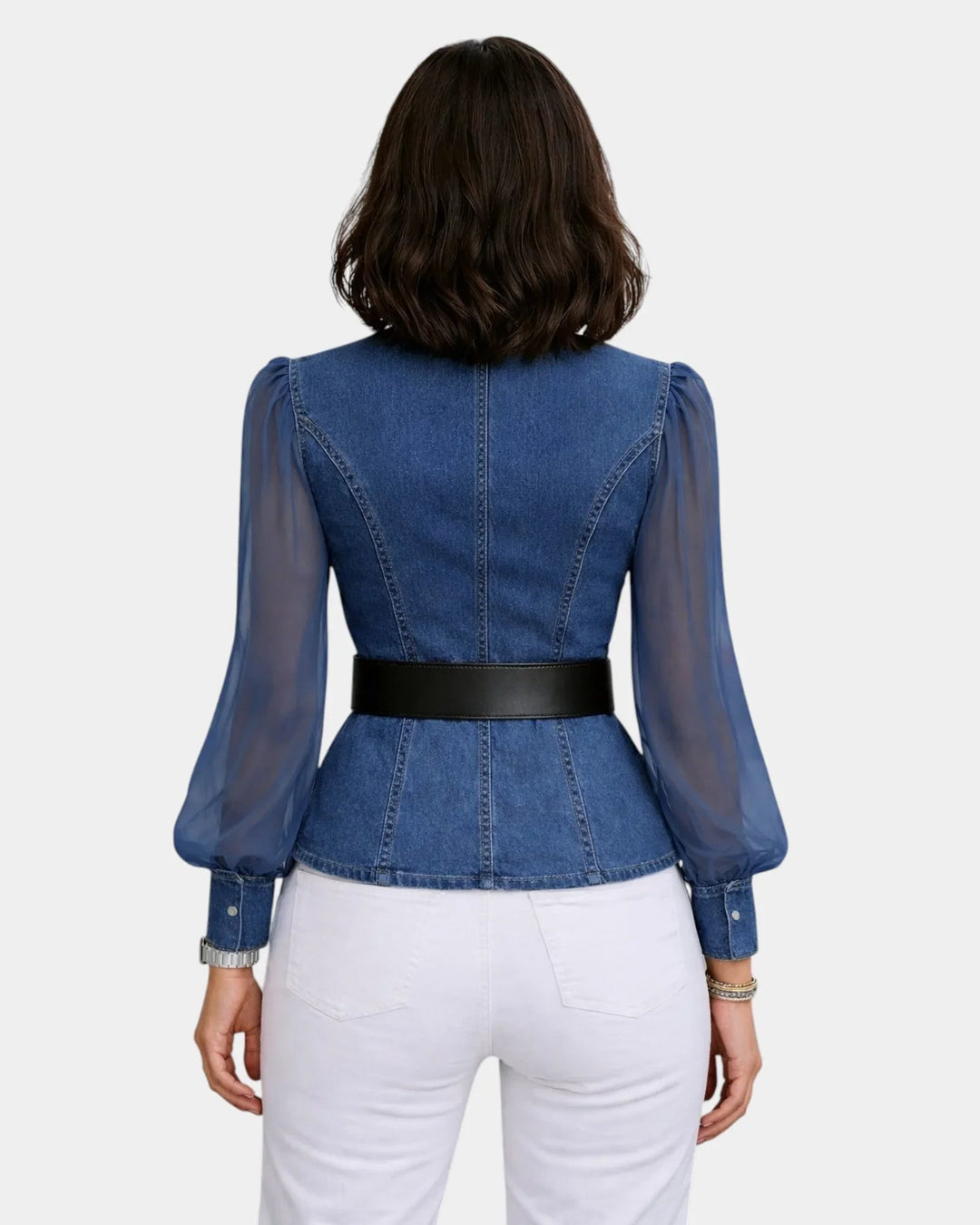 Alizée | Denim top with lightweight chiffon sleeves