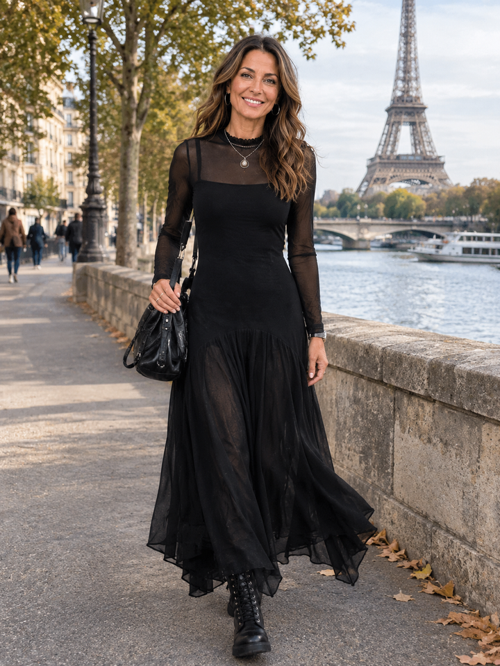 Lunaria | Long Black Tulle Dress with Ethereal Charm
