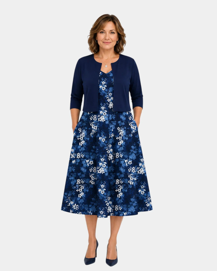 Guilaine | Floral Dress and Lightweight Cardigan Set