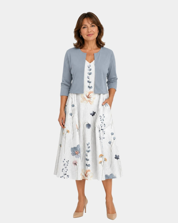Guilaine | Floral Dress and Lightweight Cardigan Set